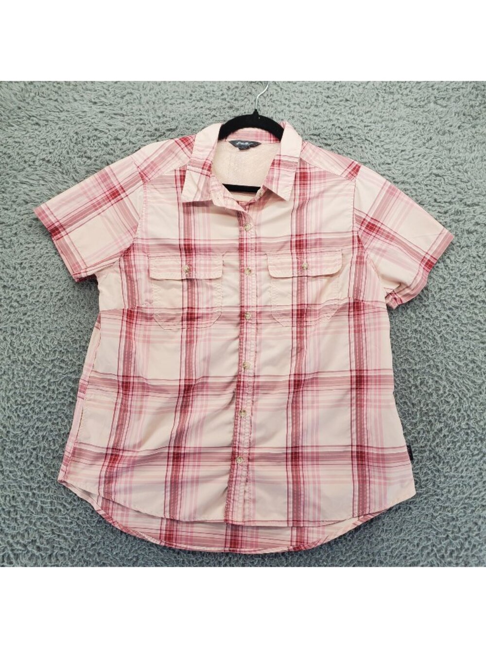 Eddie Bauer Shirt Womens Large Pink Plaid Button-Up Lightweight Polyester/Nylon